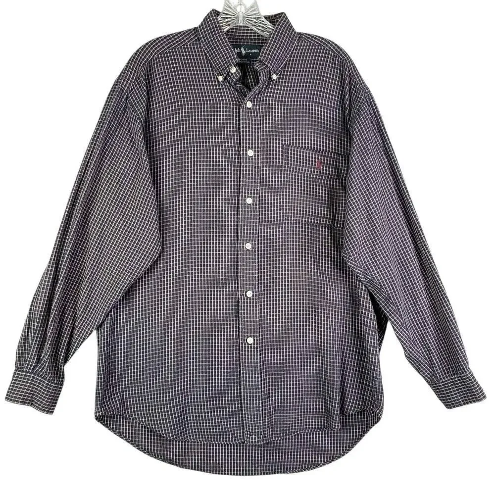 Polo Ralph Lauren Oxford Shirt Mens Size Medium Button Down Black Plaid Blaire